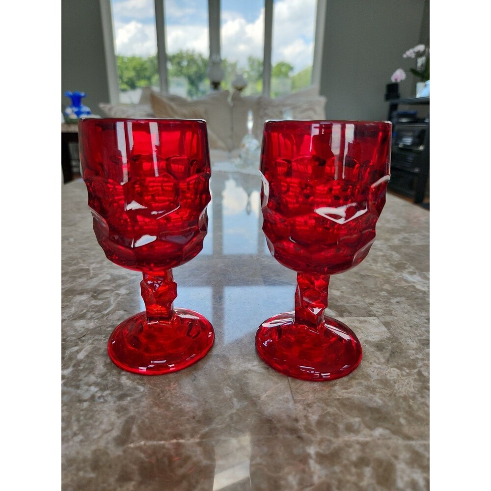 Vintage Viking Georgian Ruby Red thumbprint Glass Water Wine Goblets Pair